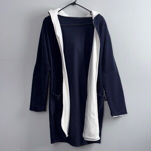 Navy and White Hooded Open Fleece Jacket